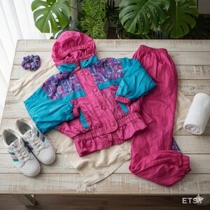 90s Tracksuit Windbreaker Jacket Pants Set Neon Pink Teal Abstract Print Retro